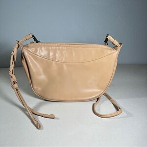 Anthropologie Lucie Faux Leather Crossbody Bag Brass Hardware Zip Closure Beige